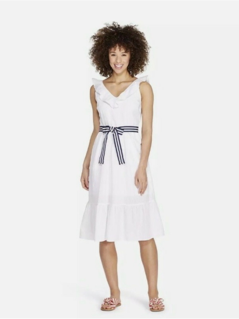 Vineyard Vines White Ruffle Midi Dress Blue Stripe Belt Women’s Small Cotton